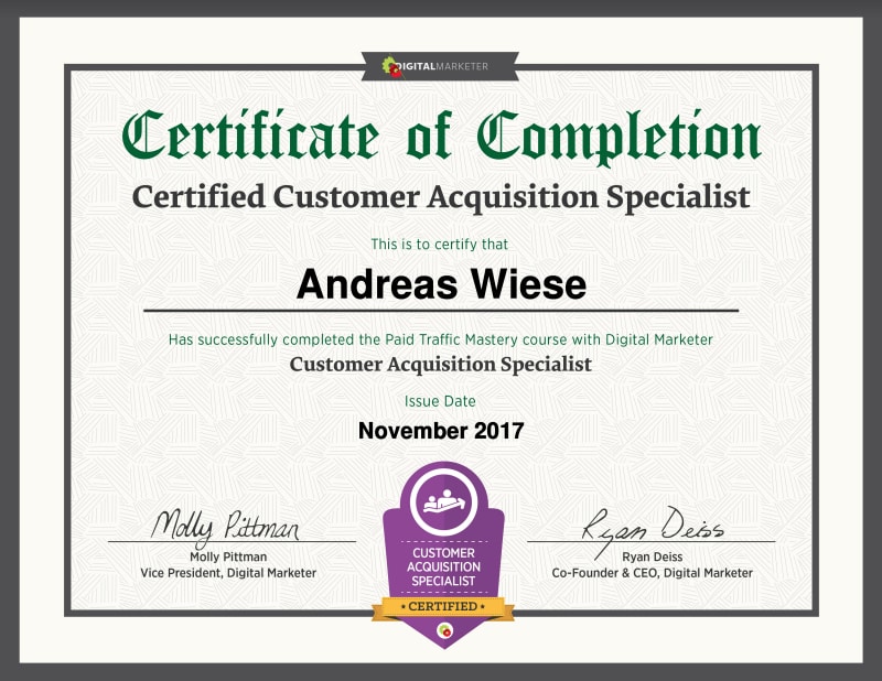 Mein Zertifikat als Akquise Spezialist von Digital Marketer